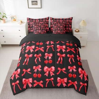 Red Cherry Bow Comforter Set 7 Piece Bed in a Bag Twin, Cute Silk Ribbon Bowknot Bedding Sets Princess Bow Tie Comforter and Sheet Set, Dreamy Kawaii Room Decor,Girly Red and Black Room Decor
