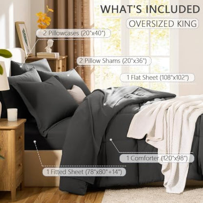 CozyLux Oversized King Comforter Set, 7-Piece Bed in a Bag, Dark Grey