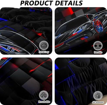 5 Pcs Car Comforter Sets for Boys, Cool Blue Red Race Car Full Size Car Bedding Set for Boys Teens