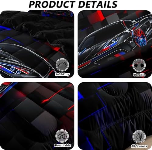 5 Pcs Twin Car Bedding Sets for Boys, Race Car Twin Comforter Set for Boys Teens, Twin Boy Bedding Set with Sheets