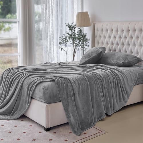 Elegant Comfort Luxuriously Soft 4-Piece Velvet Plush Flannel Sheet Set - Premium Quality - Cozy Warm, Anti-Static, Non Pilling Fuzzy Velvet Flannel Fleece Deep Pocket Sheet Set - King, Gray