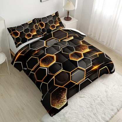 Nttopship Honeycomb Comforter Set Queen Size,100% Soft Ultra-fine Fiber Four Season Geometric Hexagon Golden Comforter Set with 1 Comforter and 2 Pillow Case