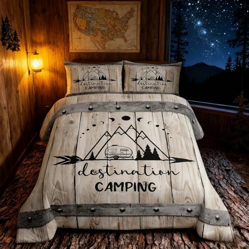 Happy Camping Car Comforter Set Queen Size,RV Camper Trailer Decor Bedding Set 3pcs for Kids Boys Girls Adults,Vintage Wooden Plank Cabin Down Comforter,Rustic Farmhouse Duvet Insert,2 Pillowcases