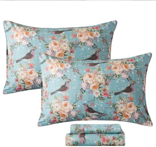 FADFAY 100% Cotton King Size Sheet Set, Floral Bird Bed Sheets 4Pcs, Green