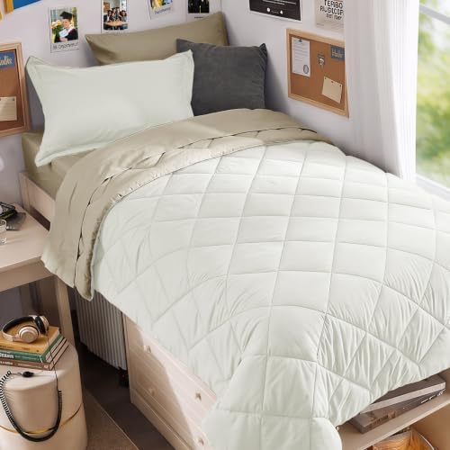 MUXHOMO 5 Pieces Twin XL Comforter Set, Reversible Bed in a Bag Twin XL Size, All Season Bedding Set with Comforter, Flat Sheet, Fitted Sheet, Pillowcases & Shams, Ivory & Khaki