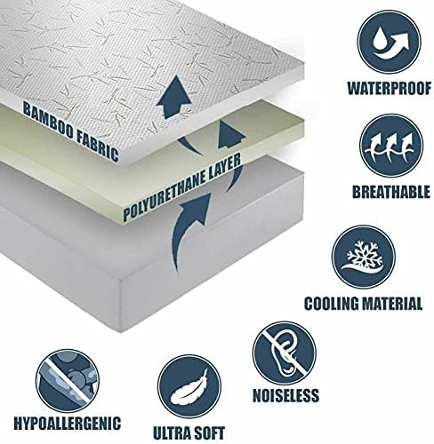Bamboo Mattress Protector with Zipper - 100% Waterproof Queen Size Cooling Mattress Cover - Ultra Soft Jacquard Fabric Breathable Noiseless Mattress Pad Covers - Zippered Mattress Encasement