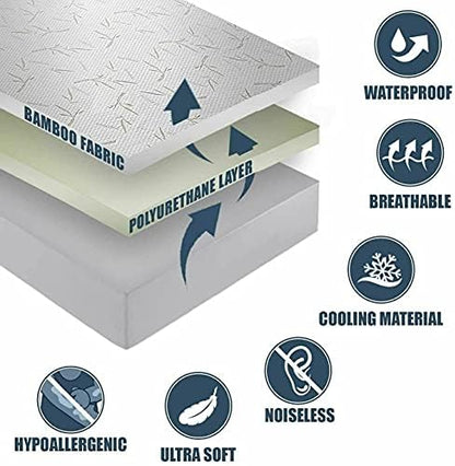 Bamboo Cooling Mattress Protector with Zipper - 100% Waterproof Twin Size Mattress Cover - Ultra Soft Jacquard Fabric Breathable Noiseless Mattress Pad Covers - Zippered Mattress Encasement