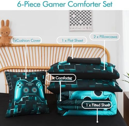 PERFEMET 6-Piece Boys Gamer Comforter Set Full Size Teal Blue Video Game Controller Bedding Comforter Set with Sheets Lightweight 3D Black Gaming Pattern Bed in a Bag for Kids Teen(Teal, Full)