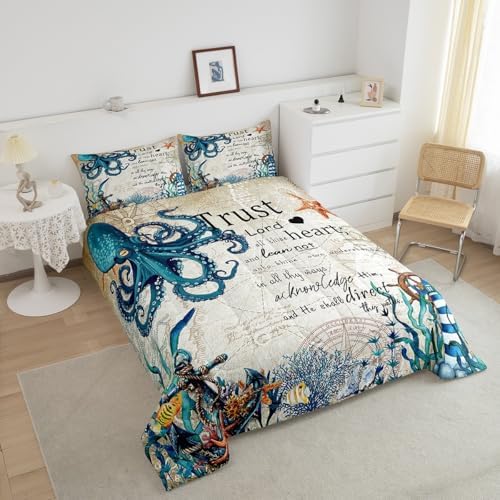 Ocean Octopus Comforter Set Twin Size Ocean Nautical Adventure Bedding Set Vintage Coral Fish and Sealife Quilted Duvet Navy Blue Anchor Lighthouse Duvet Insert for Kids Boys Teens Bedroom 2pcs