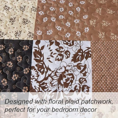 Mybedsoul Brown Quilt Set Twin Size Dorm Bedding, Patchwork Bedding Set