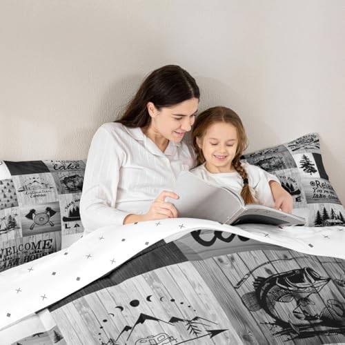 Lake Life Comforter Set Twin Size,Camping Fishing Bedding Set Bear Anchor Pine Print Grid Quilt Set Kids Boys Men Adult Rustic Cabin Room Decor Grey Retro Patchwork Plaid Duvet Insert 2Pcs