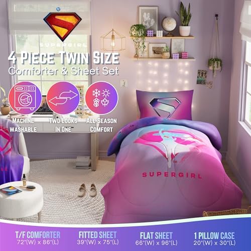Supergirl Movie Bedding Set, Twin Size, 4-Piece Super Soft Cozy Reversible Comforter & Sheet Set (Officially Licensed Product) by Franco