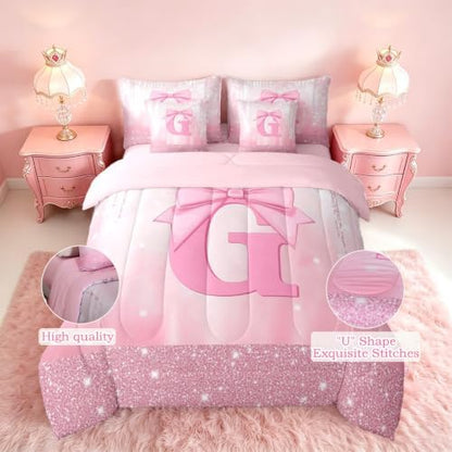 Feelyou Kids Pink Bowknot Bed in A Bag King Size, Personalized Initial G Comforter Set with Sheets Princess Glitter 7 Pieces Bedding Set Boys Girls Bow Alphabet Teens Bed Set Bedroom Decor 7Pcs
