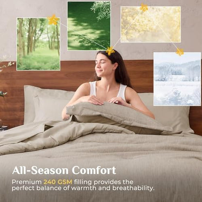 JOLLYVOGUE Khaki Queen Comforter Set, Cationic Dyeing Bed in a Bag Queen 7 Pieces, Double-Tone Bedding Set with Down Alternative Comforter, Sheets, Pillowcases & Shams