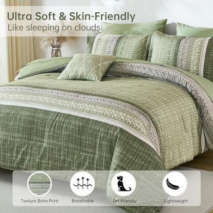Dintszyayue Sage Green King Comforter Size Set, 8 Pieces Striped Boho Texture Bed in a Bag Sets, Lightweight Soft Bohemian Comforter and Sheet Set, All Season Microfiber Bedding Sets for Men Women