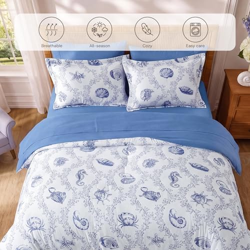 BLOOMHAVEN King Size Comforter Set-7 Pieces Coastal Blue Bed in a Bag King