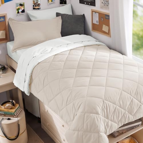 MUXHOMO 5 Pieces Twin XL Comforter Set, Reversible Bed in a Bag Twin XL Size, All Season Bedding Set with Comforter, Flat Sheet, Fitted Sheet, Pillowcases & Shams, Beige & White