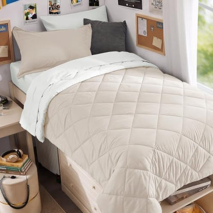 MUXHOMO 5 Pieces Twin XL Comforter Set, Reversible Bed in a Bag Twin XL Size, All Season Bedding Set with Comforter, Flat Sheet, Fitted Sheet, Pillowcases & Shams, Beige & White