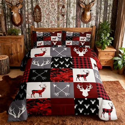 Deer Silhouette Comforter Set Twin Size,Antler Arrow Grid Stripe Design Bedding Duvet 2pcs for Kids Teens Adult Boys Girls Home Room Decoration, Camouflage Christmas Style Red Quilt Set