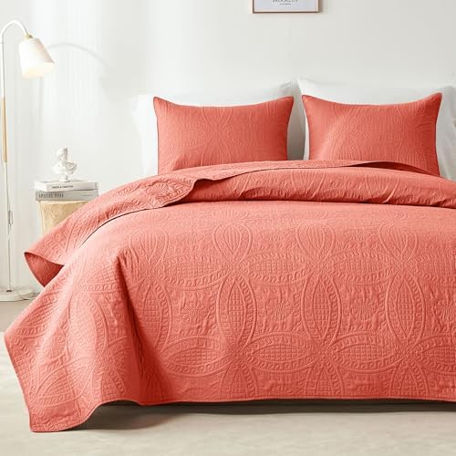 akkialla Coral Full/Queen Quilt Set,Ultrasonic Lightweight Bedspread Coverlet for Modern Minimalist Bedroom,Soft Microfiber Coin Pattern Bedding,3-Piece (1 Quilt,2 Pillow Shams)