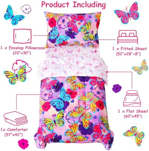 Mooreeke Toddler Bedding Sets for Girls,4 Pieces Butterfly Flowers Printed
