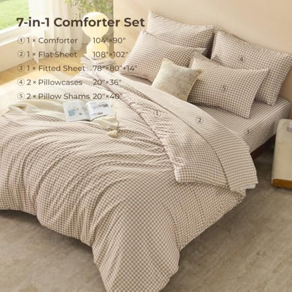 Litanika King Size Comforter Set 7 Pieces Earthy Tan Gingham