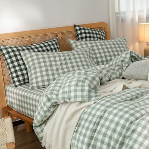 BESTOUCH Gingham Cotton Duvet Cover Set Sage Green King