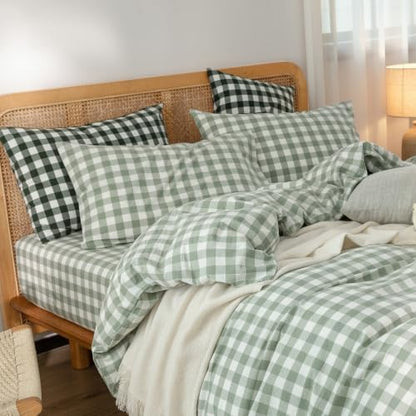 BESTOUCH Gingham Cotton Duvet Cover Set Sage Green King