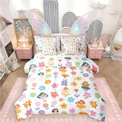 Erosebridal Cute Floral King Size Comforter Set with Sheets | Kids Cartoon Fairy Princess 7 Piece Bedding Set Rustic Flowers Bed in a Bag, Kawaii Elf Room Decor,White