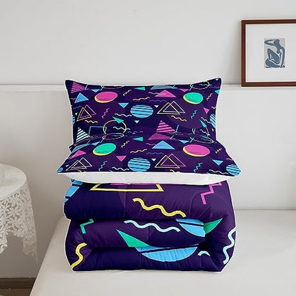 Manfei Memphis Comforter Set Twin Size, Retro 80s or 90s Fashion Style Bedding Set 2pcs for Kids Boys Girls, Geometric Triangle Circle Quilt Set Soft Polyester Duvet Set with 1 Pillowcase