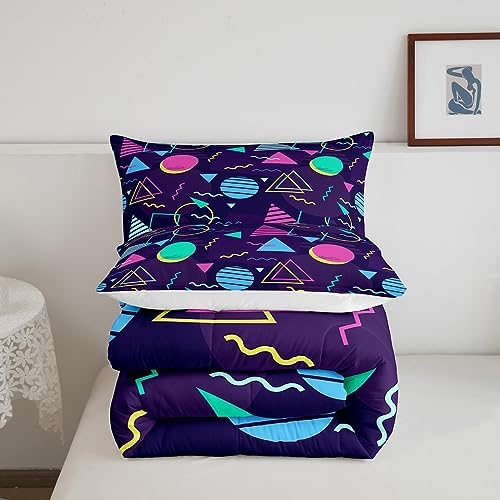 Manfei Memphis Comforter Set Queen Size, Retro 80s or 90s Fashion Style Bedding Set 3pcs for Kids Boys Girls, Geometric Triangle Circle Quilt Set Soft Polyester Duvet Set with 2 Pillowcases