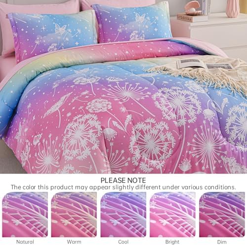 Dinjoy Girls Comforter Set 5 Pieces, Twin Size Colorful Ombre Rainbow Bedding Set, Bed in A Bag for Kid Teen Girls (1 Comforter, 1 Flat Sheet, 1 Fitted Sheet, 1 Pillow Shams, 1 Pillowcases)