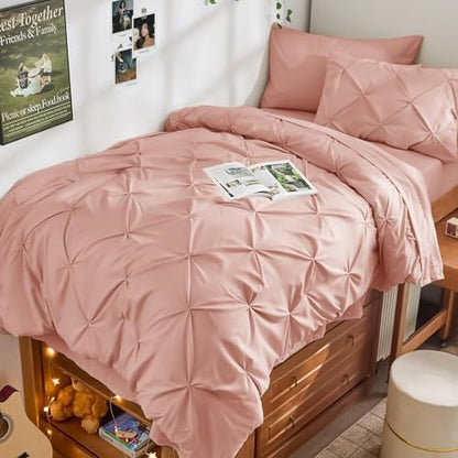 JOLLYVOGUE Twin Comforter Set 5 Pieces - Bed in a Bag Twin for All Season, Pintuck Bedding Comforter Sets with Comforter, Flat Sheet, Fitted Sheet and Pillowcases & Shams, Rose Brown