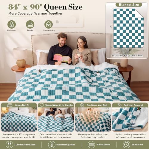 Electric Blanket Heated Queen Size, 84"X90" Dual Control, Teal