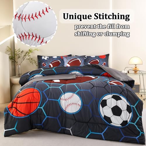 4 Pcs Sports Bedding Set for Boys Twin, Basketball Baseball Football Soccer Bedding Twin Boys Comforter Set
