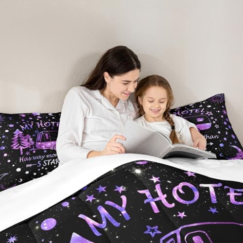 Camping Adventure Comforter Set Full Size,Camper RV Trailer Decor Bedding Set 3pcs for Kids Boys Girls Adults,Sun Moon Starry Sky Rustic Down Comforter,Purple Romantic Duvet Insert,2 Pillowcases