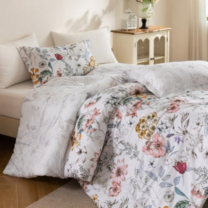 SLEEPBELLA Comforter Queen Size, 600 Thread Count Cotton Pink & Yellow & Blue Floral Pattern Comforter Set,Down Alternative Bedding Set 3Pcs(Queen, Spring Whispers)