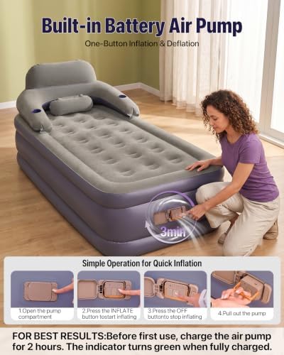 A-ER-FA Twin Air Mattress Built in Pump 20" Raised Comfort Inflatable Mattress with Headboard & Cup Holders, Fast & Easy Inflation Air Bed Twin XL Blow Up Mattress for Home, Guest, Camping, Outdoor