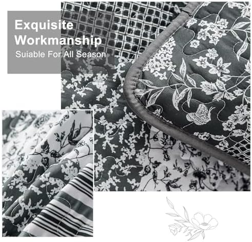 Mybedsoul Black Grey Boho Quilt Twin Size, Floral Bedspread Dorm Bedding
