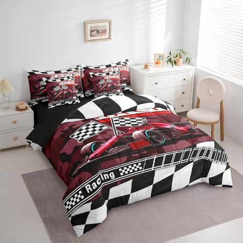 Race Car 7 Pcs Comforter Set Queen Size Bed in a Bag,Red Camouflage Print Racing Car Bed Set Room Decor,Geometric Grids Bedding Sets with Comforter,Flat,Fitted Sheet,Pillowcases,Pillow Covers