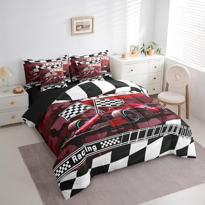 Race Car 7 Pcs Comforter Set Queen Size Bed in a Bag,Red Camouflage Print Racing Car Bed Set Room Decor,Geometric Grids Bedding Sets with Comforter,Flat,Fitted Sheet,Pillowcases,Pillow Covers