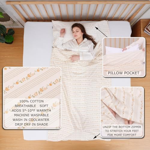 100% Cotton Sleeping Bag Liner with Full Length Zipper on 3 Sides; Single/Double Adult Sleep Sack for Travel & Camping, Multifunctional Travel Sheets (Unzipped 87”x87”) for Hotel, Lightweight