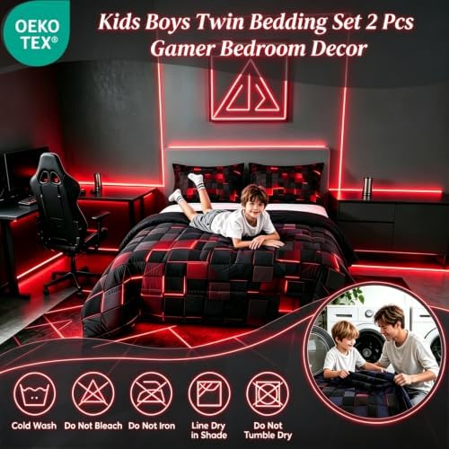 Erosebridal Black and Red Comforter Set Twin Neon Geometric Checkered Bedding Set Gamer Room Decor for Boys,Abstract Grids Quilt Comforter for Kids Teen Men Plaid Check Bed Set 2 Pcs