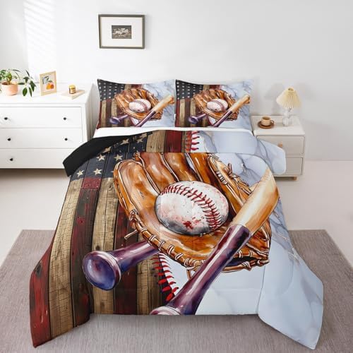 Sports Baseball Comforter Set Toddler Size Vintage Baseball Gloves Bedding Set Bedroom Decor American Flag Wooden Barn Quilt Set for Kids Boys Teens Luxury Marble Breathable Duvet Insert 2Pcs