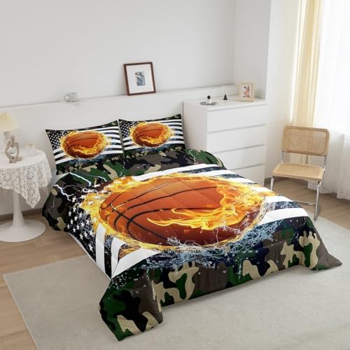 Erosebridal Basketball Comforter Set, Camouflage Bedding Set Twin for Kids Boys Teens, American Flag Quilted Duvet Sports Games and Camo Down Comforter, Decorative 2 Piece with 1 Pillow Case, Grey