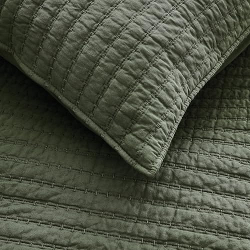 WDCOZY 100% Cotton King Size Quilt Set, Channel Pick Stitch, Olive Green