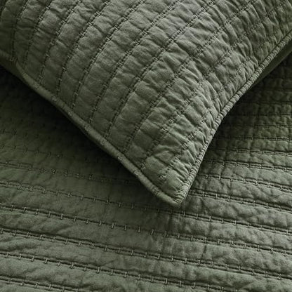 WDCOZY 100% Cotton King Size Quilt Set, Channel Pick Stitch, Olive Green