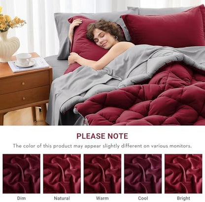 MUXHOMO 7 Pieces California King Comforter Set, Reversible Bed in a Bag Cal King Size, All Season Bedding Set with Comforter, Flat Sheet, Fitted Sheet, Pillowcases & Shams, Burgundy & Grey