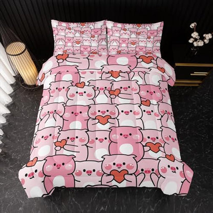 Pink Pig Comforter Set Full，Kawaii Pink Cute Animals Bedding Set for Kids Boys Girls Teens Room Decor Kawaii Animals Comforter Set Farmhouse Wildlife Theme Bedroom Living Room Decor，All Season
