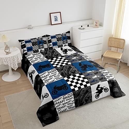 Dirt Bike Bedding Set Full Size Black Grey Blue Motocross Rider Comforter Set Kids Boys Teens Men Bedroom Racing Themed Patchwork Grid Quilt Set Fashion Motorcycle Silhouette Duvet Insert 3pcs